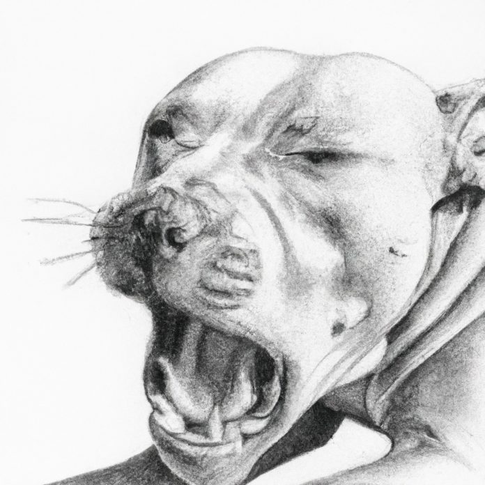 Pit Bull looking distressed while biting its skin