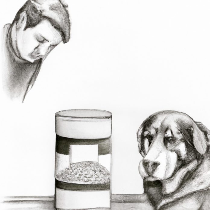A worried dog owner looking at an empty raisin box and their dog.