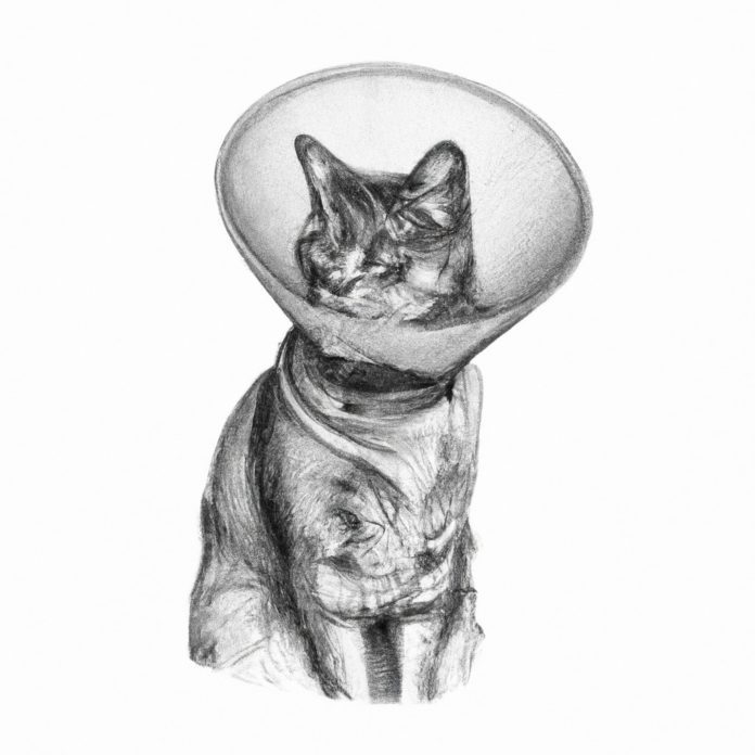 Cat wearing a protective cone collar.