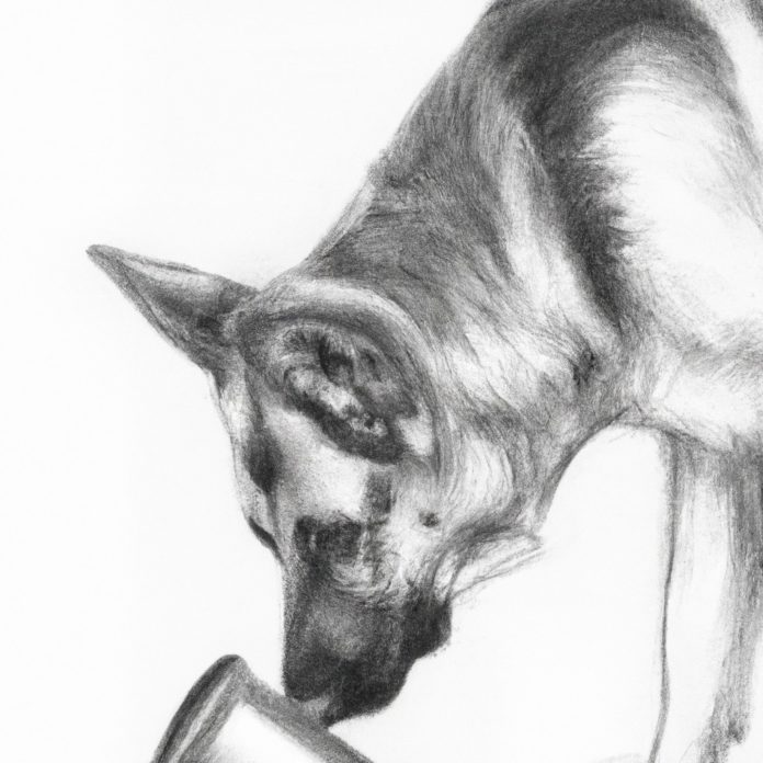 German Shepherd curiously sniffing a paint can.