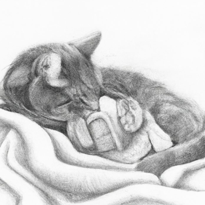 Cat cuddling with a toy or blanket.