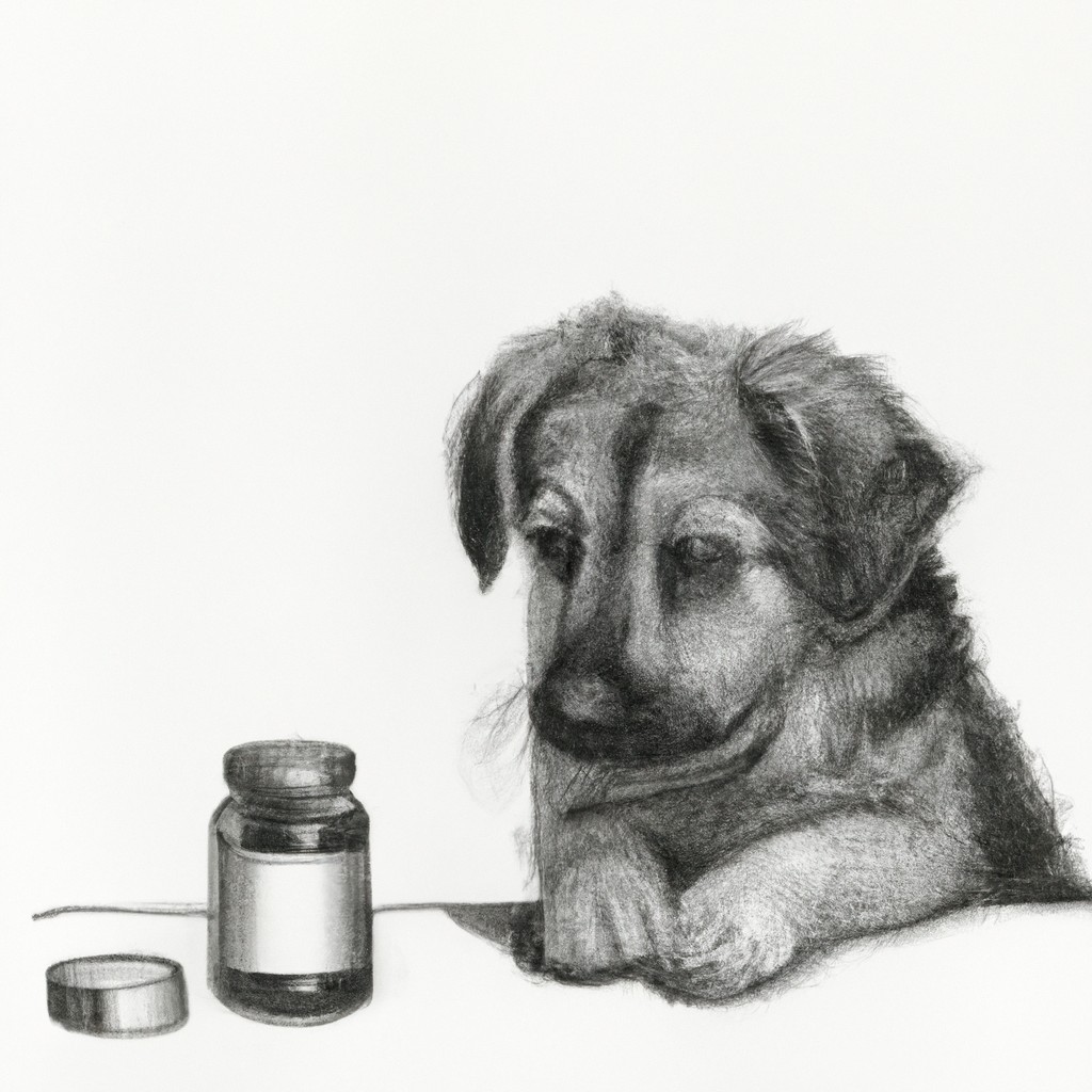 puppy looking sad next to a medicine bottle