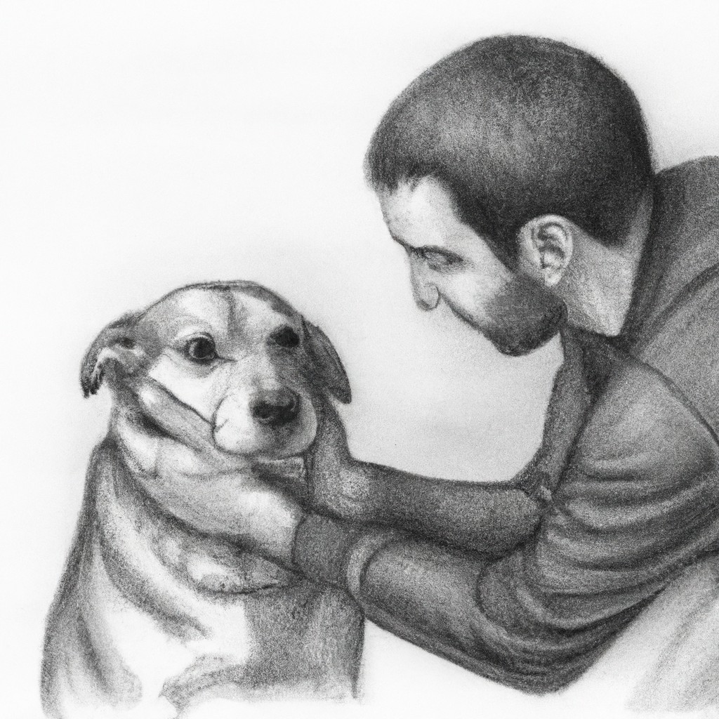 Concerned dog owner comforting their pet.